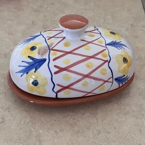 Vintage red clay handmade hand painted floral butter dish with lid